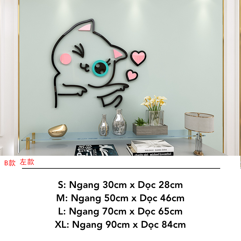 Tranh mica nổi 3d dán tường Mèo Dễ Thương thò chào ngủ bắn tim trang trí Dán Cửa hàng, Phòng Khách, Phòng ngủ