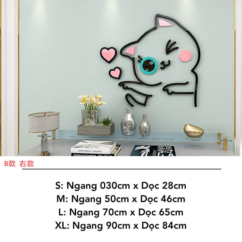 Tranh mica nổi 3d dán tường Mèo Dễ Thương thò chào ngủ bắn tim trang trí Dán Cửa hàng, Phòng Khách, Phòng ngủ