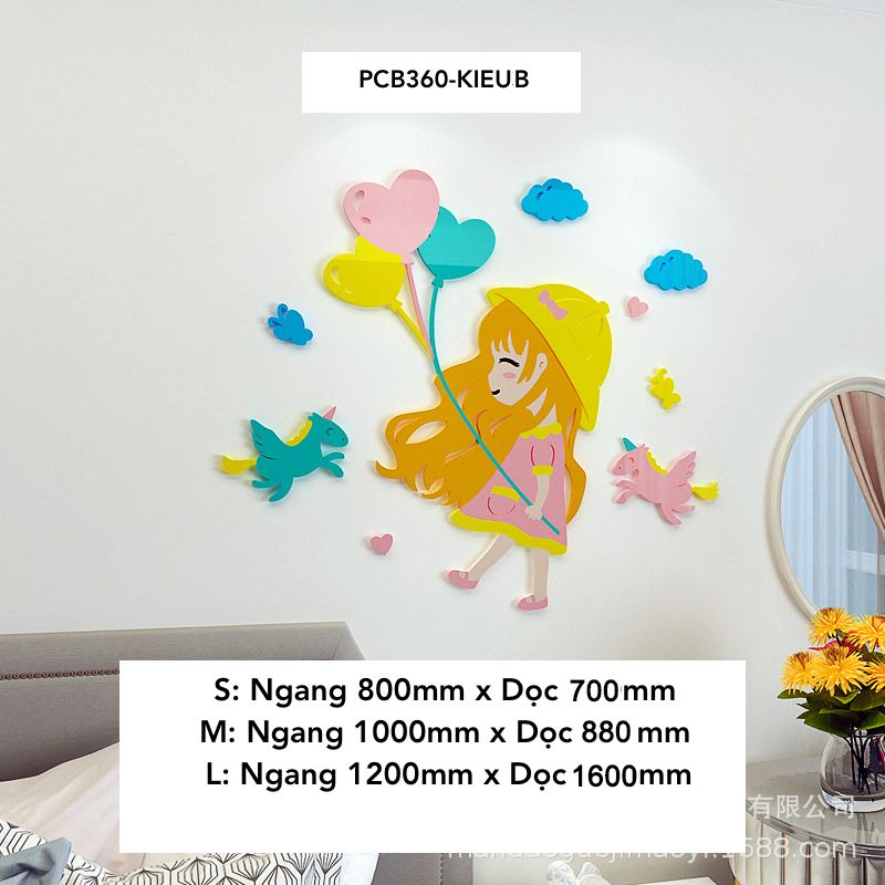 Tranh mica EPeBen dán tường nổi 3d hình Cô Bé Gái Lướt Scooter bóng bay nữ tính decor trang trí Phòng Cho Bé, Phòng Ngủ