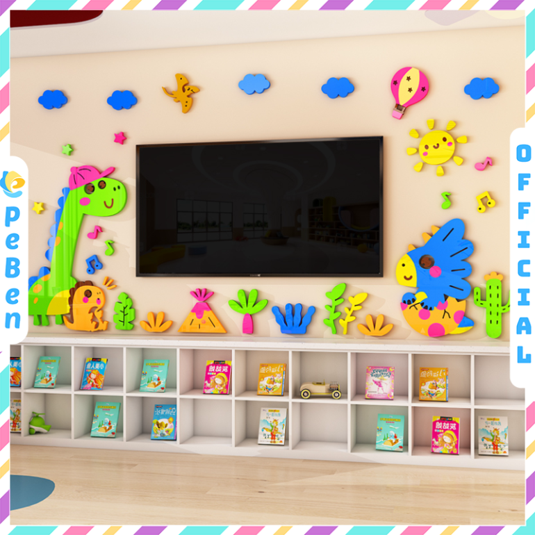 Tranh mica EPeBen dán tường nổi 3d Hình các con vật, hoa lá decor trang trí quanh bảng từ, quanh tivi mầm non, Lớp học