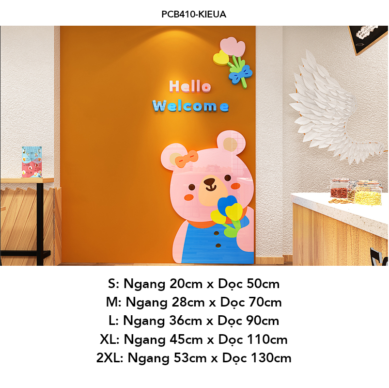 Tranh mica EPeBen dán tường nổi 3d hình gấu con mèo con Welcome decor trang trí cửa ra vào, cửa kính quán nước, cửa hàng