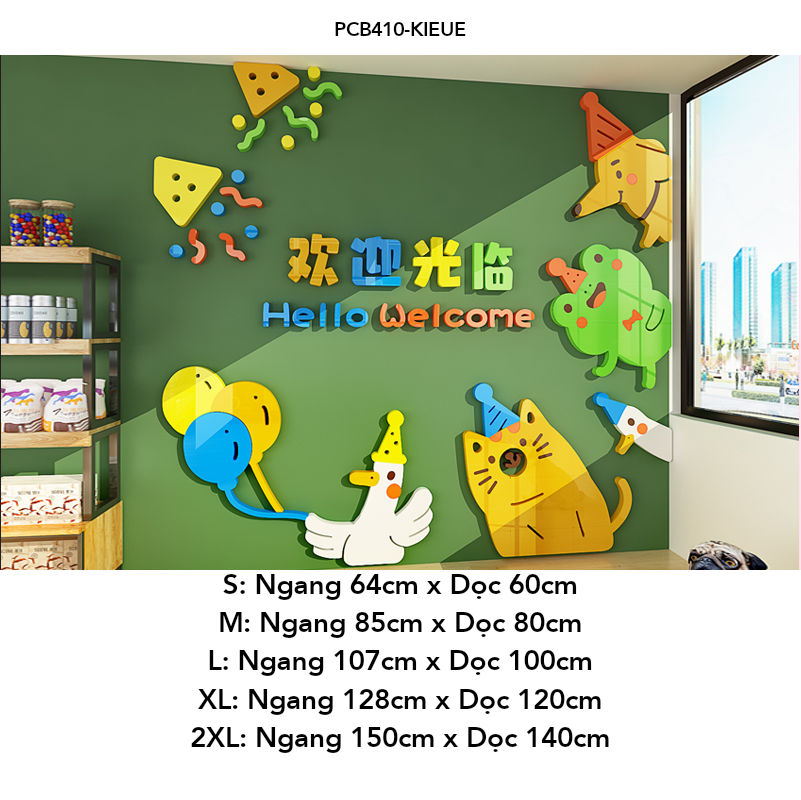 Tranh mica EPeBen dán tường nổi 3d hình gấu con mèo con Welcome decor trang trí cửa ra vào, cửa kính quán nước, cửa hàng