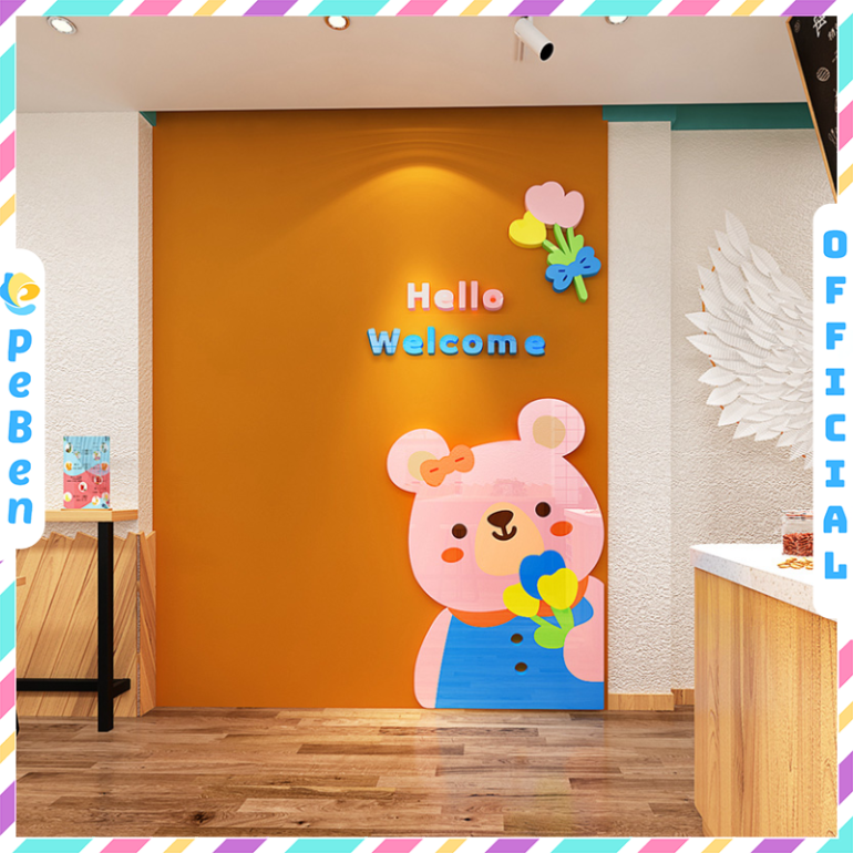 Tranh mica EPeBen dán tường nổi 3d hình gấu con mèo con Welcome decor trang trí cửa ra vào, cửa kính quán nước, cửa hàng