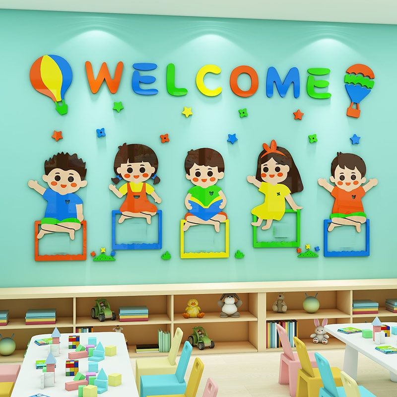 Tranh mica EPeBen dán tường nổi 3d hình Chào mừng các bé đến trường decor trang trí Lớp học Tiếng Anh, mẫu giáo, mầm non