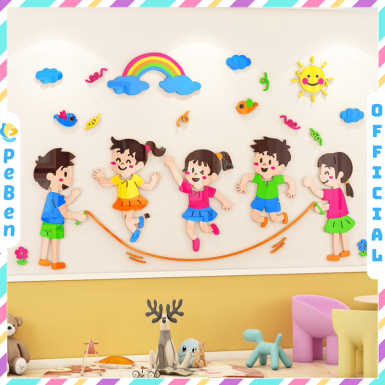 Tranh mica EPeBen dán tường nổi 3d hình Cùng nhau vui đùa decor trang trí Phòng cho bé, Phòng ngủ, Lớp Mẫu giáo, Mầm non