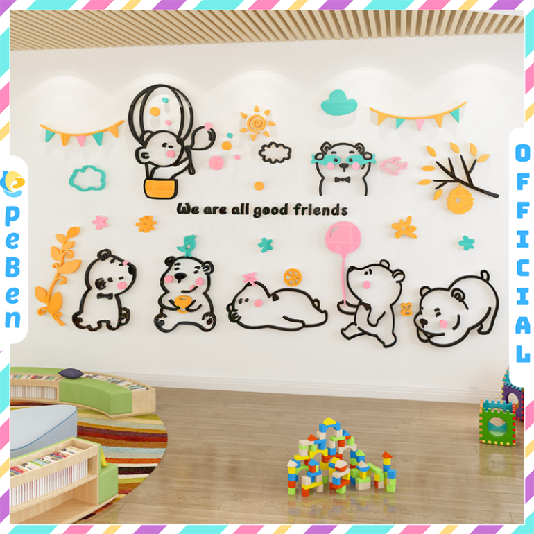 Tranh mica EPeBen dán tường nổi 3d hình Những người bạn tốt decor trang trí Phòng ngủ cho bé, Lớp Mẫu giáo, Mầm non