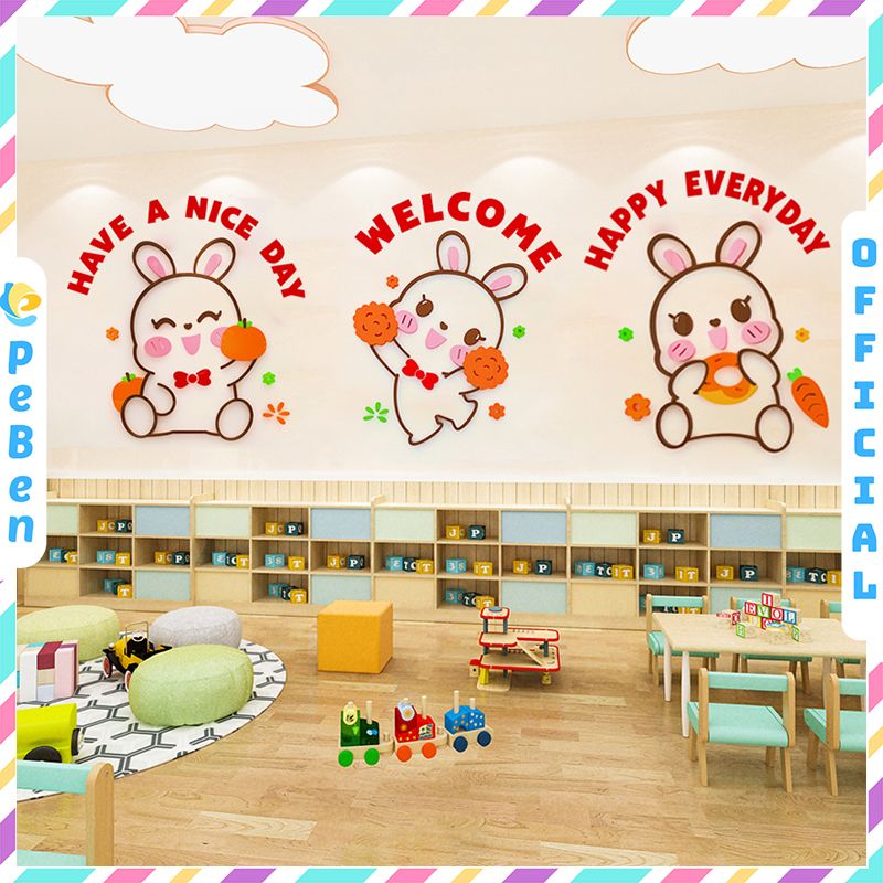 Tranh mica EPeBen dán tường nổi 3d Thỏ Welcome Happy trang trí Cửa Hàng, Quán Café, Shop Thời Trang
