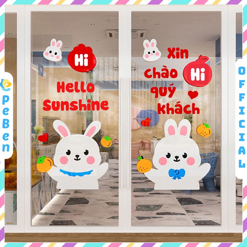 Tranh mica EPeBen dán tường nổi 3d Thỏ Hello Chào Quý Khách trang trí Cửa Hàng, Quán Café, Shop Thời Trang