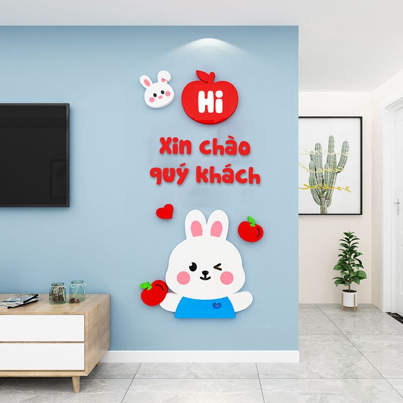 Tranh mica EPeBen dán tường nổi 3d Thỏ Hello Chào Quý Khách trang trí Cửa Hàng, Quán Café, Shop Thời Trang