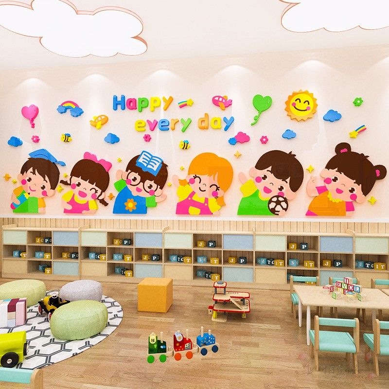 Tranh mica dán tường 3d các bé lớp mẫu giáo lớn, trang trí phòng cho bé, mầm non, khu vui chơi