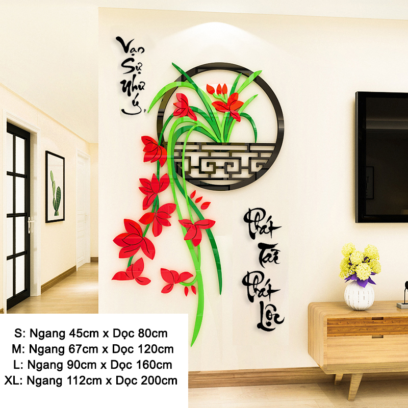 Tranh mica EPeBen dán tường nổi 3d hình hoa lan Vạn Sự Như Ý Phát Tài Phát Lộc trang trí Nhà Cửa, Phòng Bếp thư pháp