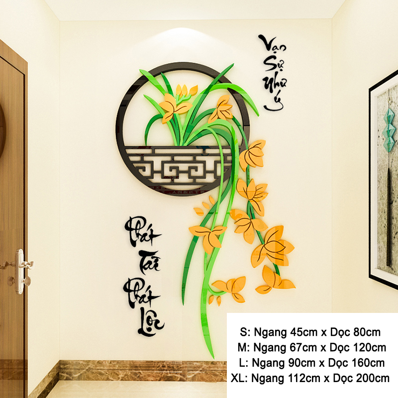 Tranh mica EPeBen dán tường nổi 3d hình hoa lan Vạn Sự Như Ý Phát Tài Phát Lộc trang trí Nhà Cửa, Phòng Bếp thư pháp