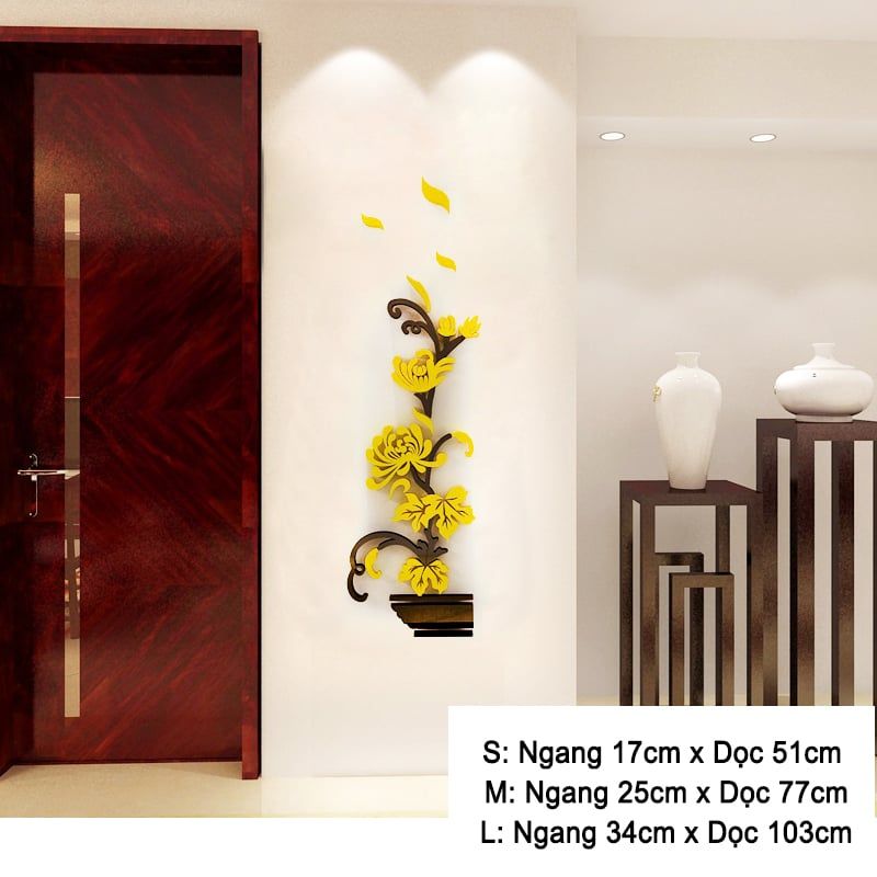 Tranh mica EPeBen dán tường nổi 3d hình Chậu Hoa Đào Cúc Trúc Mai tứ quý decor trang trí Nhà Cửa, Phòng Bếp