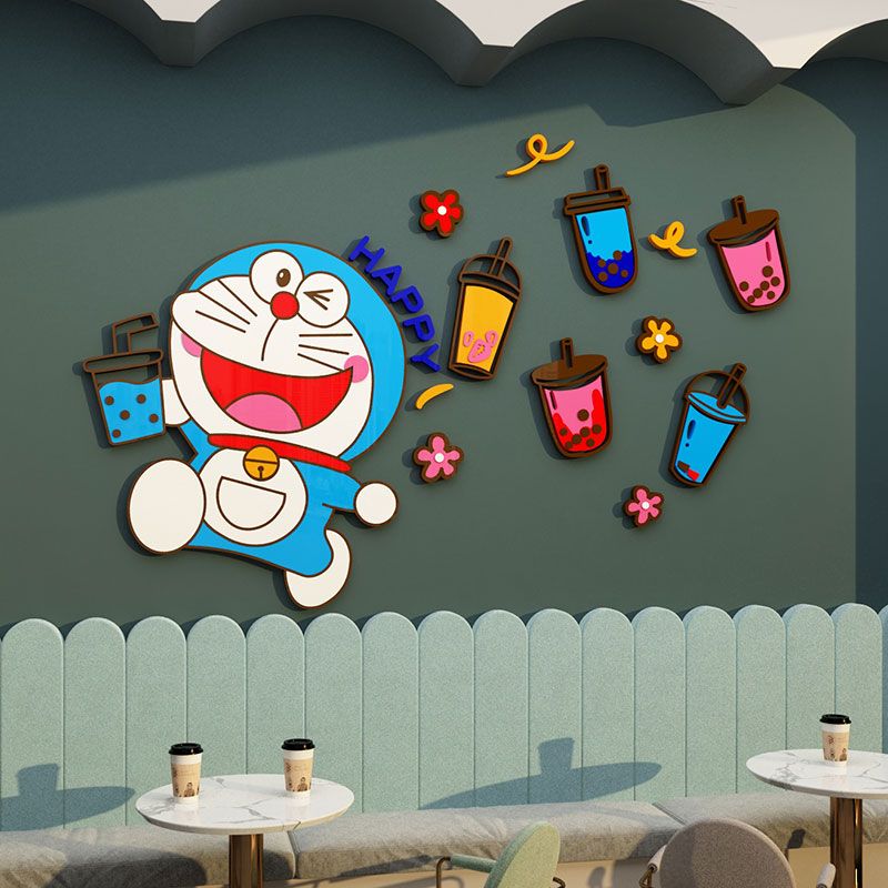 Tranh mica dán tường - doremon trà sữa happy trang trí cửa hàng trà sữa, trà tranh, quán nước