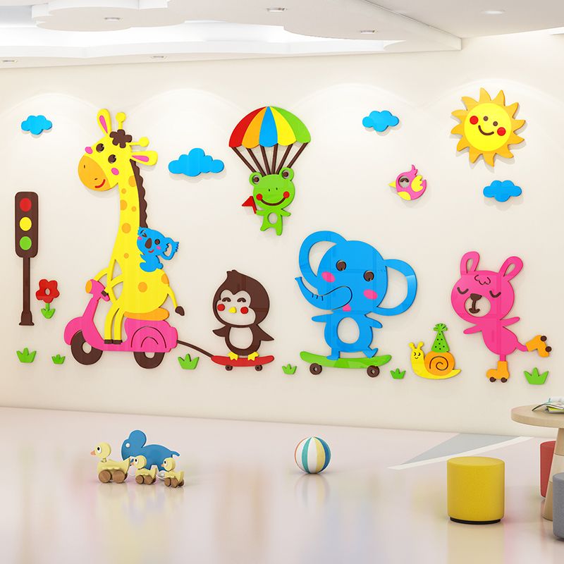 Tranh mica EPeBen dán tường nổi 3d hình hươu, voi, thỏ, chim tham gia giao thông, decor trang trí phòng cho bé, mầm non