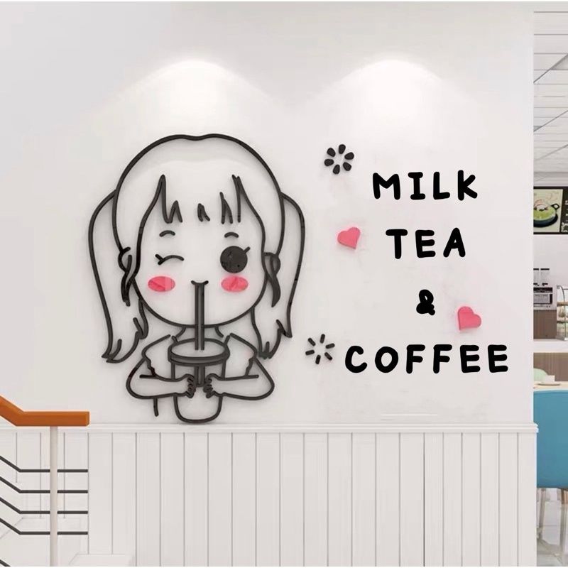 Tranh mica EPeBen dán tường nổi 3d hình cô bé yêu trà sữa decor trang trí trà sữa, quán quán nước