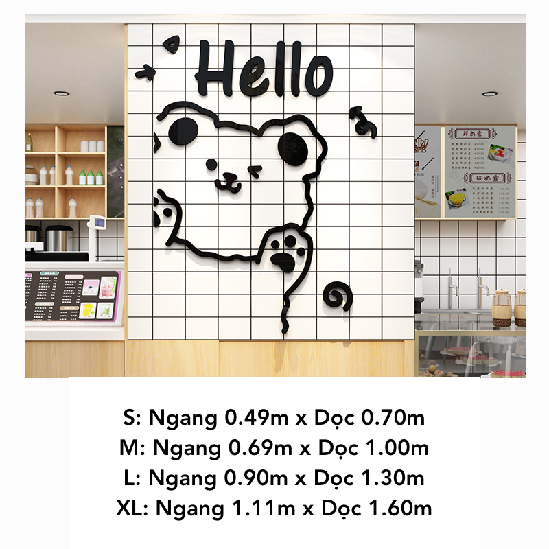 Tranh mica EPeBen dán tường nổi 3d hình Gấu Hello decor trang trí Quán Trà Sữa, Quán Bánh Ngọt