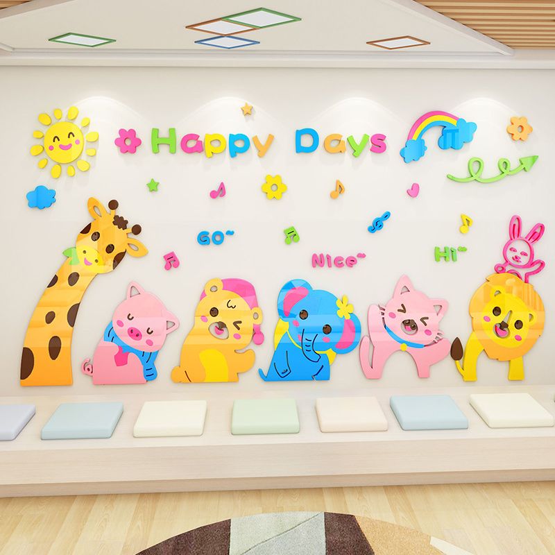 Tranh mica EPeBen dán tường nổi 3d hình Động vật sở thú happy day nghiêng đầu decor trang trí nhà trẻ, phòng cho bé
