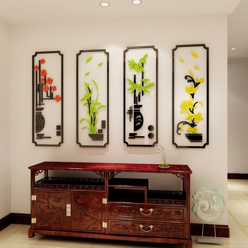 Tranh mica EPeBen dán tường nổi 3d hình Chậu Hoa Đào Cúc Trúc Mai tứ quý decor trang trí Nhà Cửa, Phòng Bếp