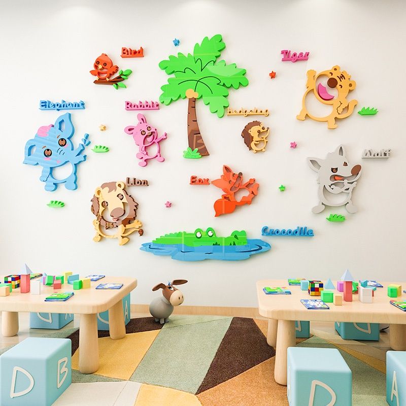 Tranh mica EPeBen dán tường nổi 3d hình Học tên các con vật decor trang trí nhà trẻ, phòng cho bé, Tiếng Anh
