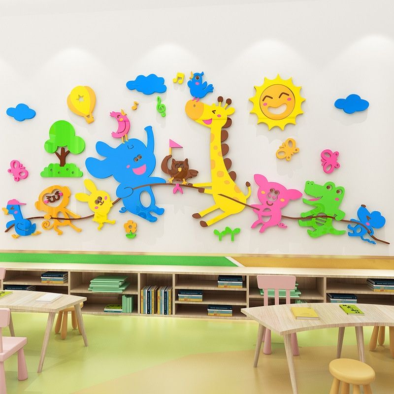 Tranh mica EPeBen dán tường nổi 3d hình Muông thú kéo co decor trang trí nhà trẻ, phòng cho bé