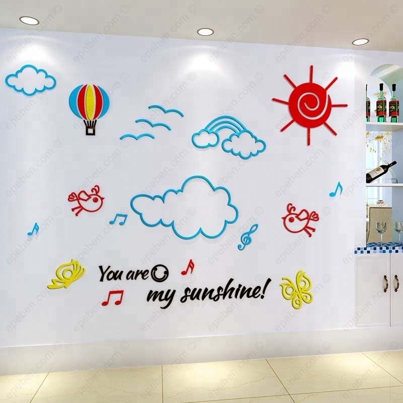 Tranh mica EPeBen dán tường nổi 3d hình bầu trời trong xanh và mây trắng decor trang trí mầm non, phòng bé