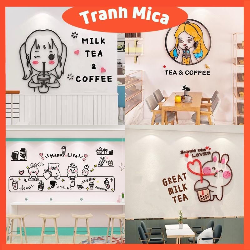 Tranh mica 3d dán tường các mẫu tranh cô gái, gấu cute trang trí quán trà sữa, trà chanh