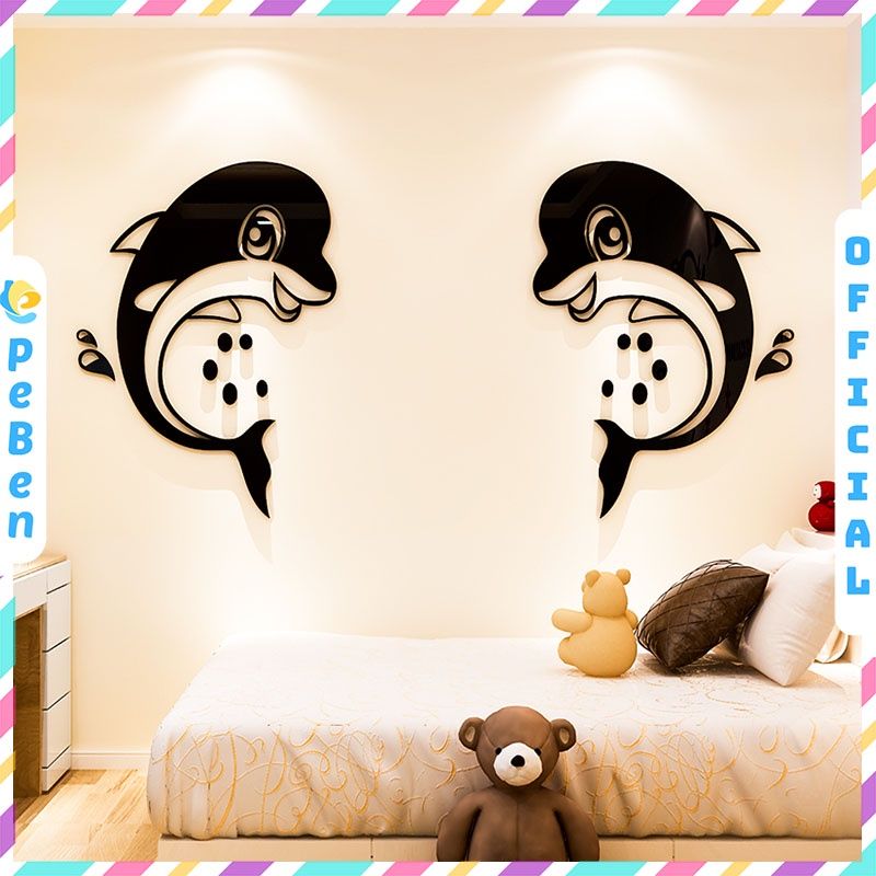 Tranh dán tường mica 3d decor khổ lớn hoạt hình hai chú cá heo xinh xắn