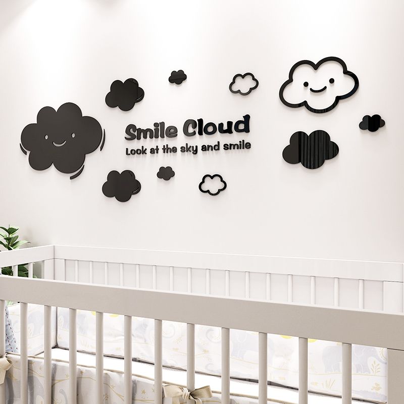 Tranh dán tường mica 3d decor khổ lớn đám mây hoạt hình dễ thương smile cloud