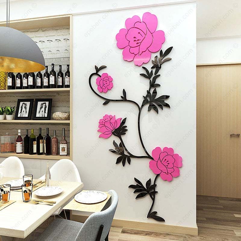 Tranh dán tường mica 3d decor khổ lớn khóm hồng nở rộ trang trí phòng khách, phòng ngủ, phòng cưới