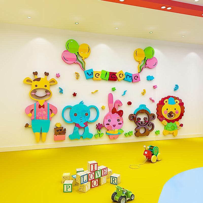 Tranh mica EPeBen dán tường nổi 3d hình welcome Bách thú decor trang trí phòng cho bé, Trường mầm non