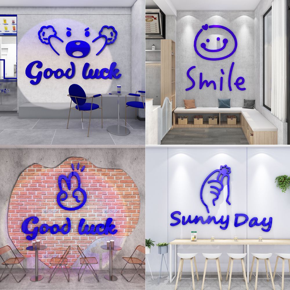 Tranh Mica 3d Dán Tường Chữ Smile Good Luck Sunny day Trang Trí Cửa Kính, Cửa Hàng, Quán Trà Sữa, Salon, Nail