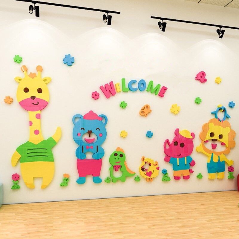 Tranh mica EPeBen dán tường nổi 3d hình welcome Bách thú decor trang trí phòng cho bé, Trường mầm non