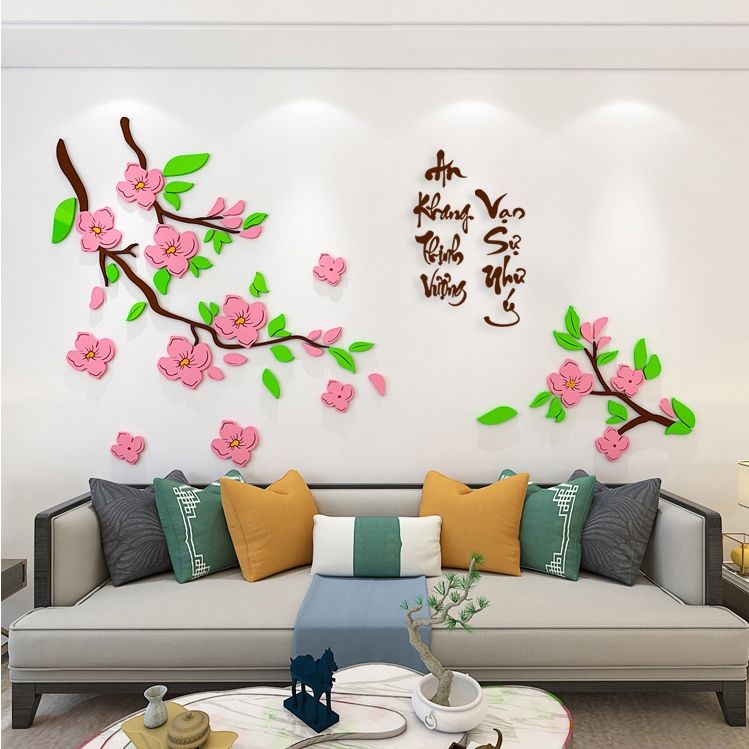 Tranh mica 3d dán tường mẫu tranh Cành Đào Mừng Xuân An Khang Thịnh Vượng, trang trí phòng khách, phòng bếp