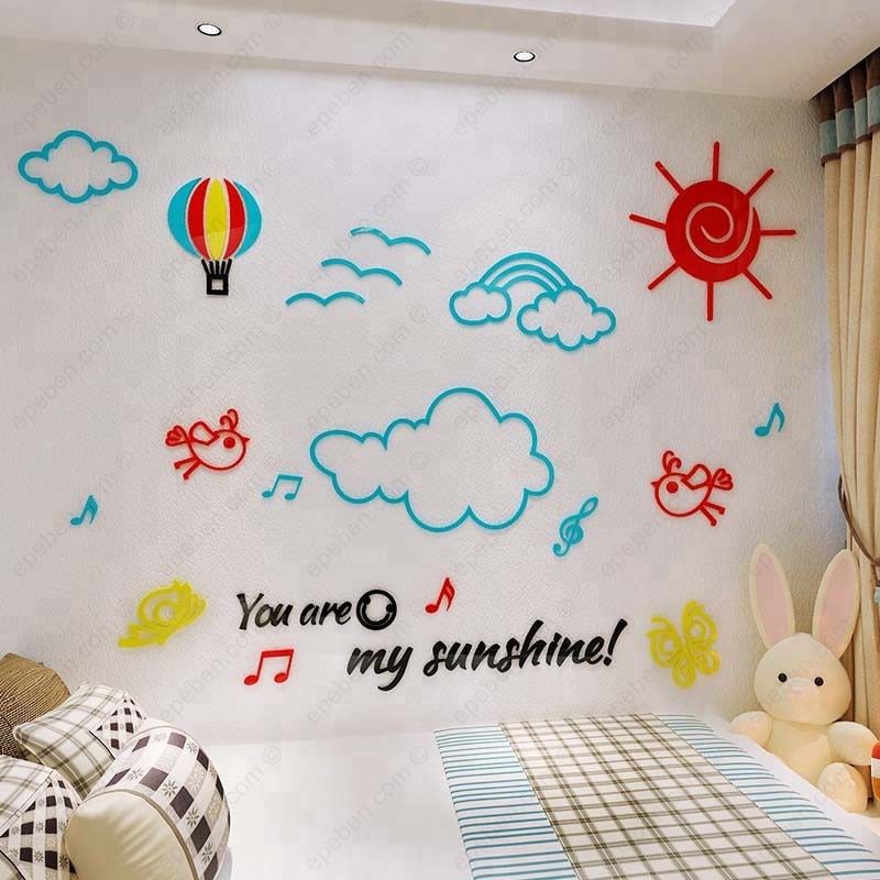 Tranh mica EPeBen dán tường nổi 3d hình bầu trời trong xanh và mây trắng decor trang trí mầm non, phòng bé