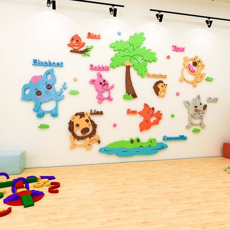 Tranh mica EPeBen dán tường nổi 3d hình Học tên các con vật decor trang trí nhà trẻ, phòng cho bé, Tiếng Anh
