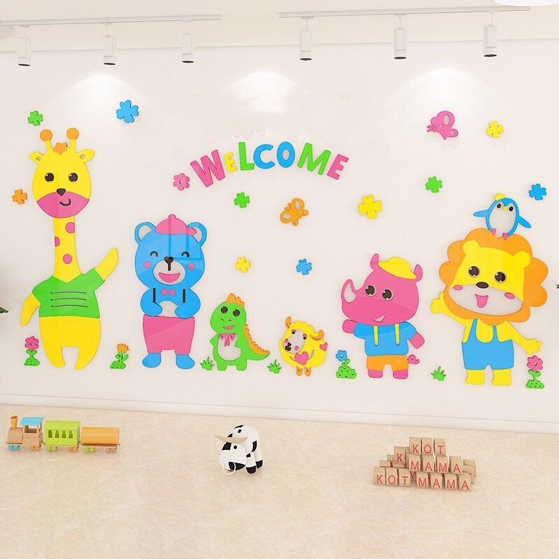 Tranh mica EPeBen dán tường nổi 3d hình welcome Bách thú decor trang trí phòng cho bé, Trường mầm non