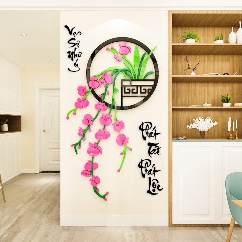 Tranh mica 3d dán tường mẫu tranh Chậu Phong Lan Đỏ, Vàng, Hồng, Xanh Da Trời, trang trí phòng khách, phòng bếp