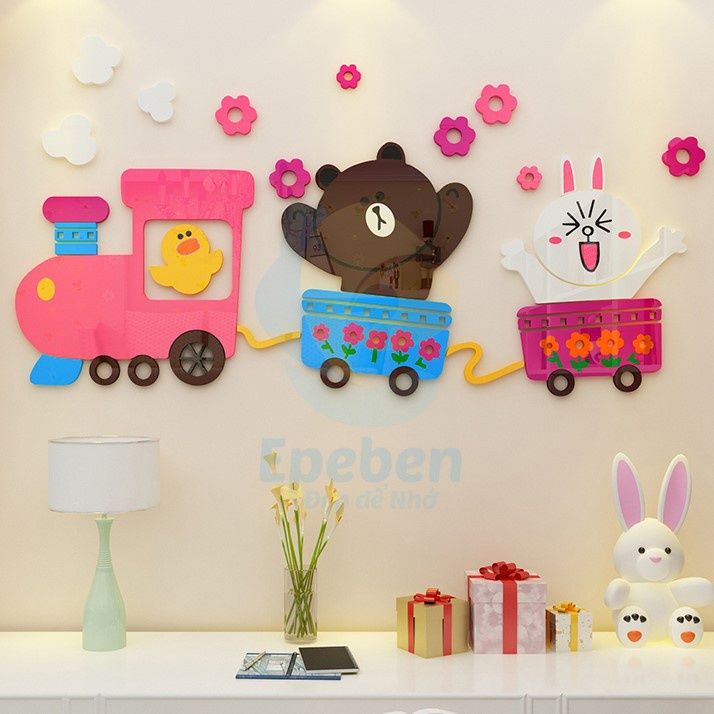 Tranh mica EPeBen dán tường nổi 3d hình tàu hỏa gấu nâu thỏ trắng vịt con decor trang trí mầm non phòng trẻ