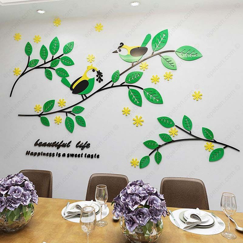 Tranh mica EPeBen dán tường nổi 3d hình beautiful cây lá chim xanh decor trang trí phòng khách, phòng ngủ