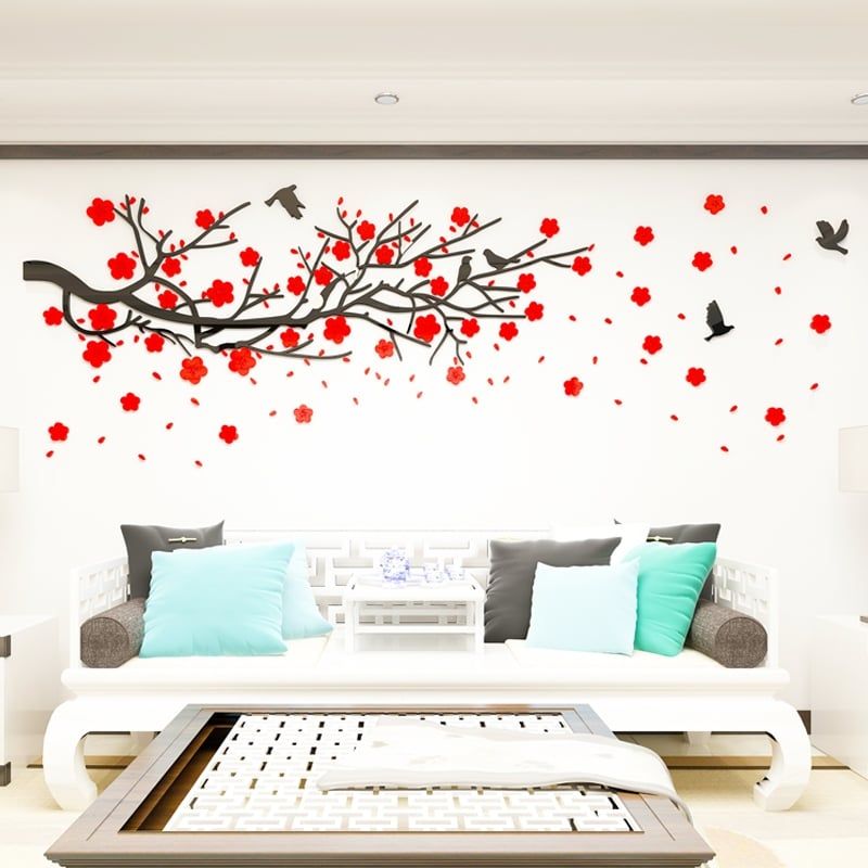 Tranh mica 3d dán tường mẫu tranh Cành Đào Chim Hạc Hươu Sao, trang trí phòng khách, phòng bếp