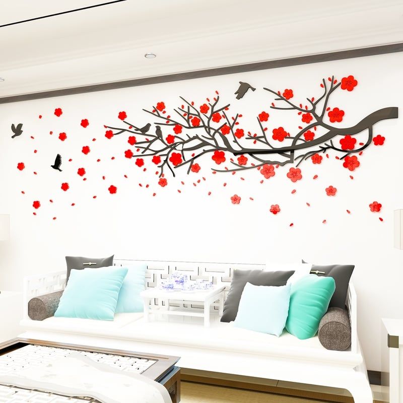 Tranh mica 3d dán tường mẫu tranh Cành Đào Chim Hạc Hươu Sao, trang trí phòng khách, phòng bếp
