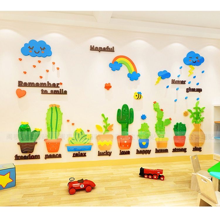 Tranh dán tường mica 3d decor Những cây xương rồng đáng yêu Trang trí nhà trẻ, cầu thang, phòng cho bé, Chân Tường