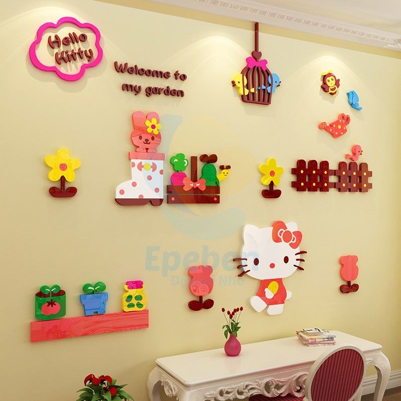 Tranh mica EPeBen dán tường nổi 3d hình không gian nhỏ của hello kitty decor trang trí mầm non, phòng cho bé