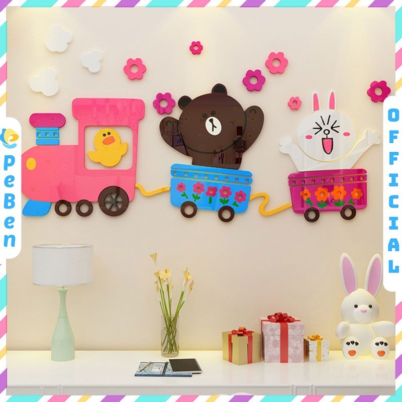 Tranh mica EPeBen dán tường nổi 3d hình tàu hỏa gấu nâu thỏ trắng vịt con decor trang trí mầm non phòng trẻ