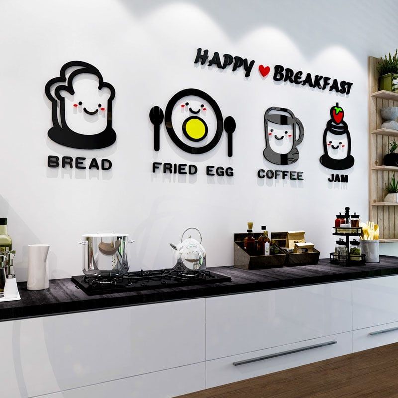 Tranh mica EPeBen dán tường nổi 3d hình hoạt hình bữa ăn sáng dễ thương decor trang trí quán ăn, trà chanh, trà sữa