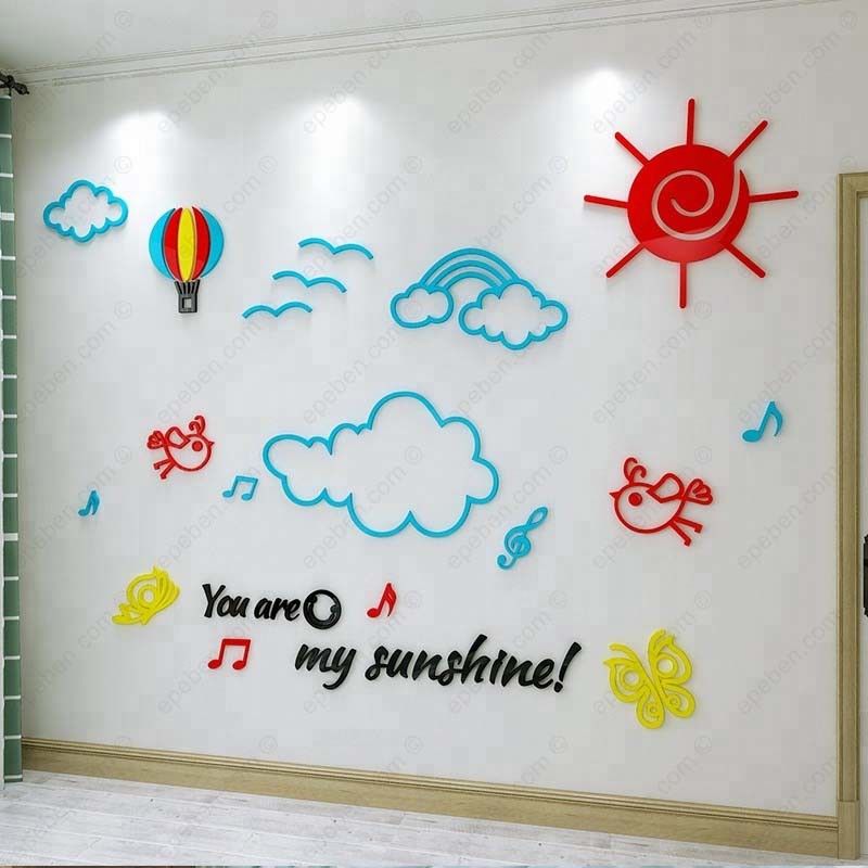 Tranh mica EPeBen dán tường nổi 3d hình bầu trời trong xanh và mây trắng decor trang trí mầm non, phòng bé