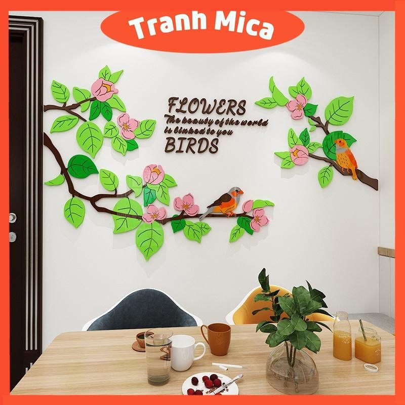 Tranh mica 3d dán tường mẫu tranh chim đậu cành hoa, trang trí phòng khách, phòng bếp