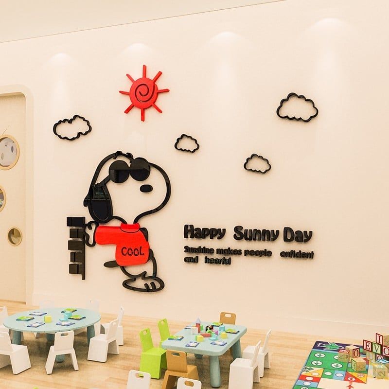 Tranh Mica 3d Dán Tường Chú Chó Snoopy Trang Trí Mầm Non, Mẫu Giáo