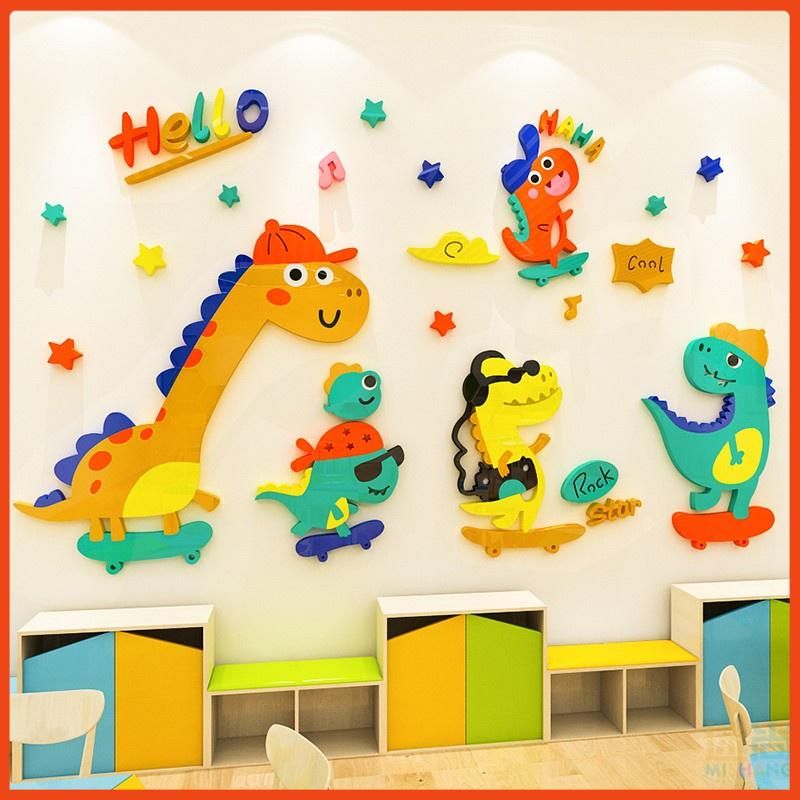 Tranh mica EPeBen dán tường nổi 3d hình những chú Khủng long tinh nghịch decor trang trí phòng cho bé, Trường mầm non